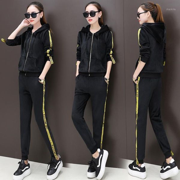 

women's casual sports gold velvet slim slimming fashion letter patch sweater hooded two-piece female trendy sportswear tracksuits, Gray