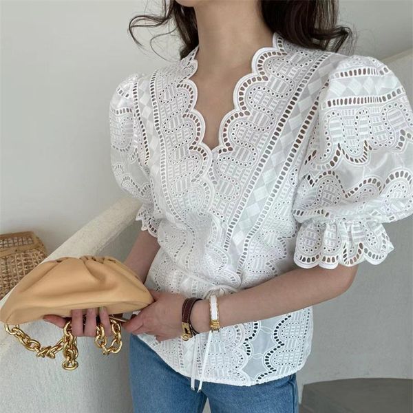

women's blouses & shirts korean chic summer clothing wave lace blouse shirt slim waist v-neck vintage crochet hollow, White