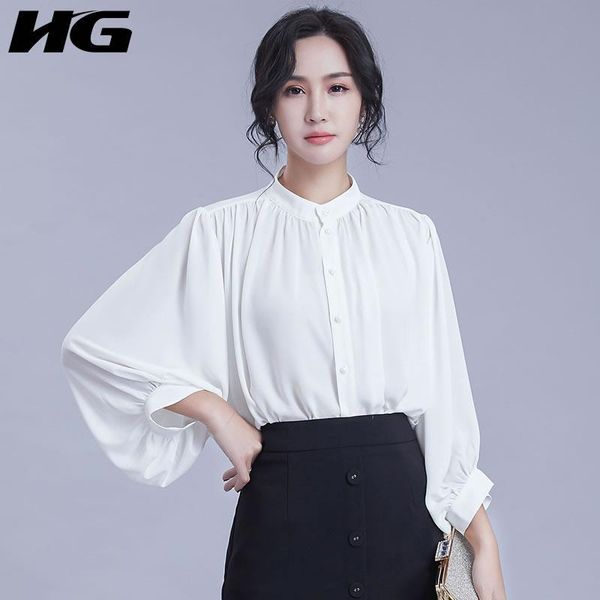 

women's blouses & shirts [hg] female korea fashion shirt spring summer casual full sleeve stand collar solid color button chiffon wbb19, White