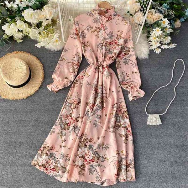 

vintage floral print womens dresses stand collar chiffon spring summer midi long party women elastic waist vestido elegant, Black;gray