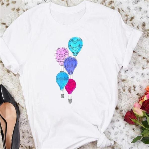 

cartoon short sleeve watercolor women t shirt balloon summer tshirts fashion clothes graphic lady print tee, White