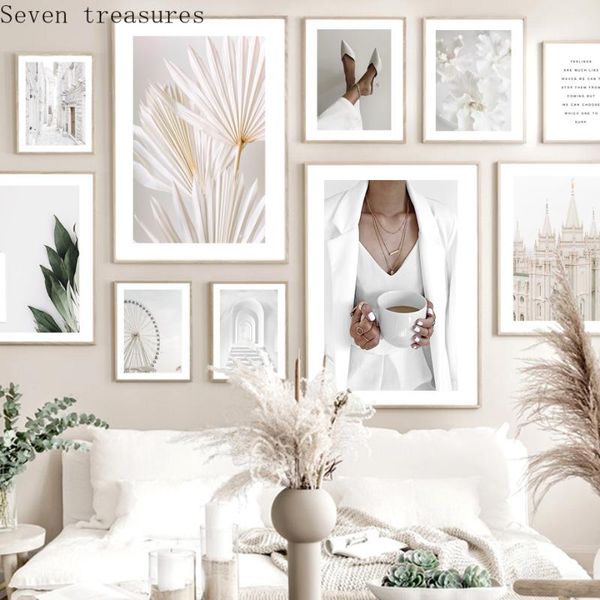 

paintings woman flowers palm white building street wall art canvas painting nordic posters and prints wallfor living room decor pictures