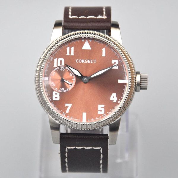 

wristwatches corgeut-45mm mens watch coffe dial green marks 6497 man hand winding st3600 waterproof ss case boy mechanical, Slivery;brown