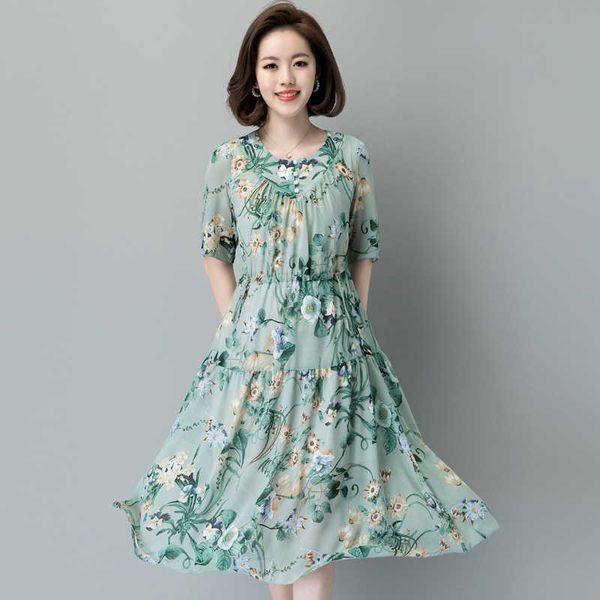 

printed chiffon drs women's mid long summer korean loose style, Black;gray