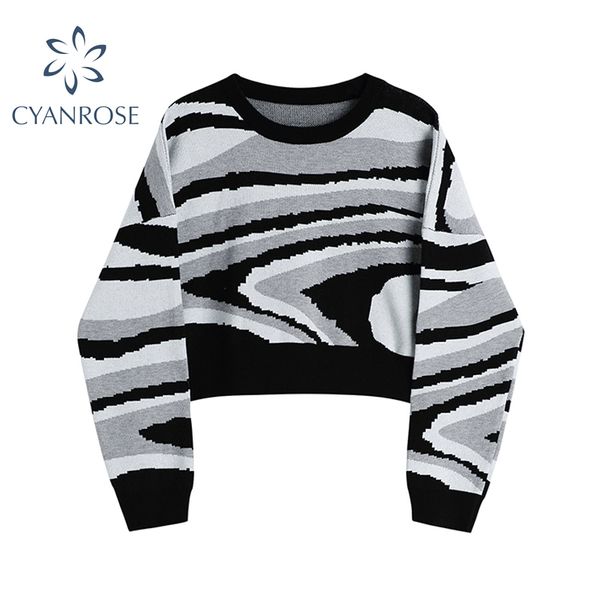 

woman pullover casual knit crop sweater winter vintage print long sleeve loose short jumpers ladies o-neck knitwear 210417, White;black