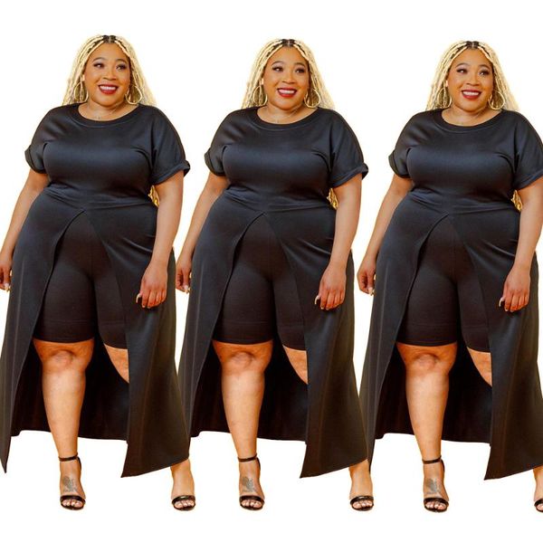 

plus size tracksuits women casual two piece sets 2021 summer solid color o-neck split long t-shirts + elastic waist biker shorts outfits, Black