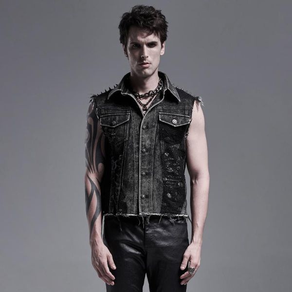 

men's punk vest decadent distressed daily casual denim waistcoat vests, Black;white