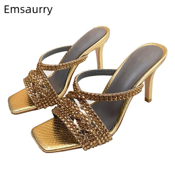 

dress shoes luxury rhinestone high heel sandals women square open toe fretwork real leather slingbacks diamond crystal summer mules, Black