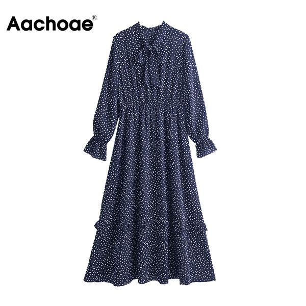 

aachoae women geometric print vintage long dresses bow tie collar casual midi dress female ruffle long sleeve elegant dress 210413, Black;gray