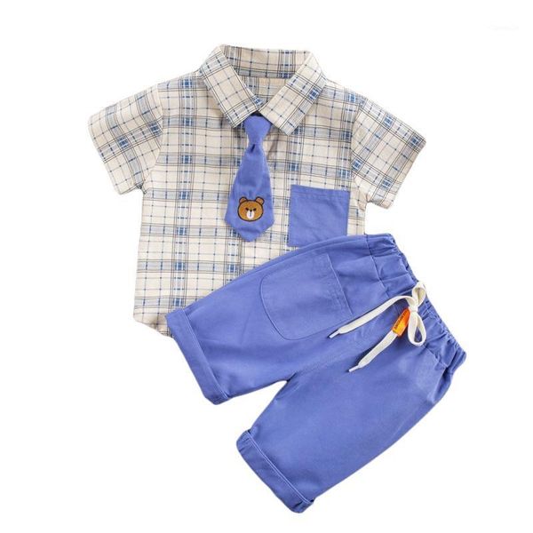 

clothing sets summer little boys gentleman clothes cartoon bear plaid printing short sleeve lapel tie + solid color trousers, White