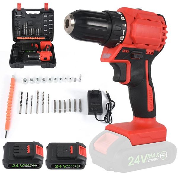 Chaves de fenda elétricas profissionais 24V Impact sem fio Drill 1800rpm 1-24n.M Chave de fenda 500W Ferramentas de martelo poderosas com 2 Batt