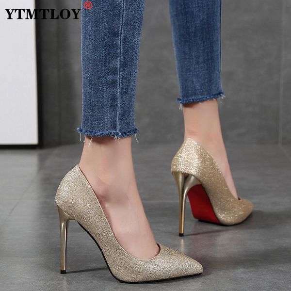 

dress shoes high heels female autumn women gold silver wedding stiletto pointed sequined cloth toe, Black