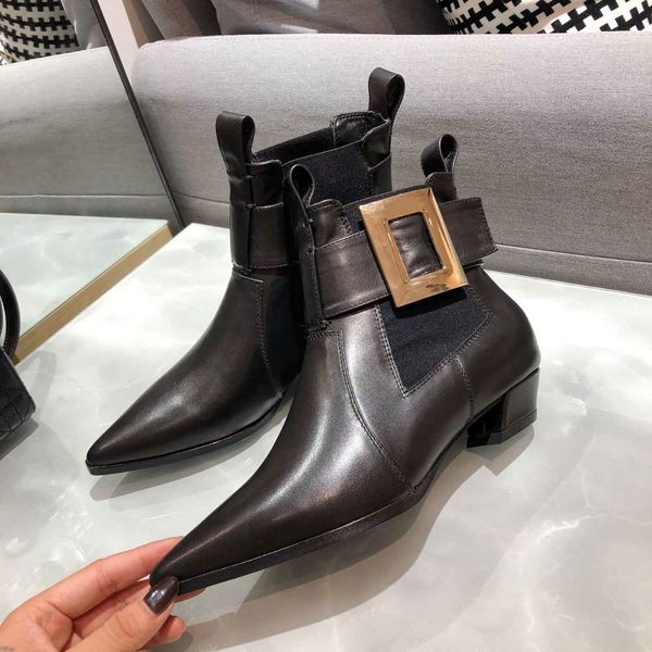 

high-end quality womens ankle boots stretch knit leather surface and metal square buckle leisure stivali firmati pointed fashion booties, Black