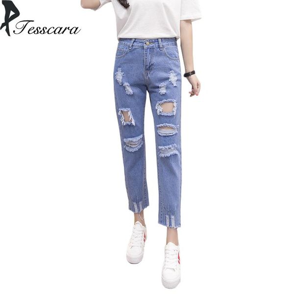 

spring autumn women casual slim straight pants jeans female fashion loose hole ripped denim trousers long streetwear bottom women's, Blue
