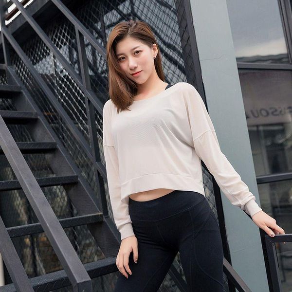 

yoga outfit women t-shirt stretch running quick-drying wear spring summer long-sleeved net yarn breathable comfortable loose slim top