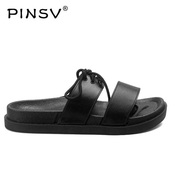 

slippers pinsv men shoes indoor leather sandals black summer slides plus size 36-45