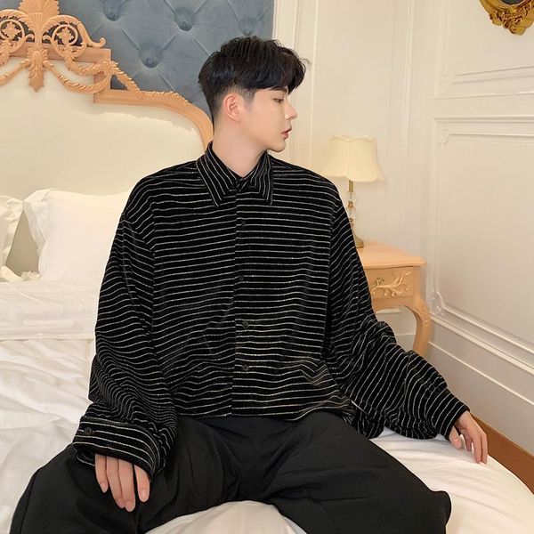 

men's casual shirts male streetwear hip hop punk gothic stage show costumes men vintage fashion loose long sleeve shining stripe shirt, White;black