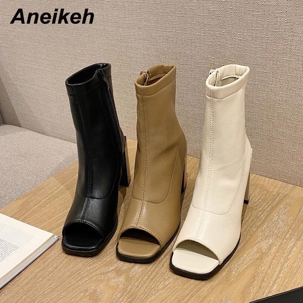 

boots aneikeh spring peep toe sewing patchwork square heels women sandals fashion platform heigh side zip thick bottom 2021, Black