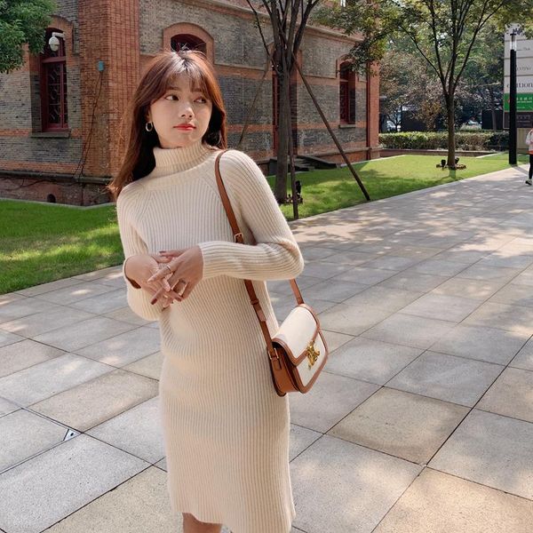 

casual dresses fashion women autumn winter sweater dress 2021 elegant turtleneck warm female full sleeve knitted mid vestidos ds235, Black;gray