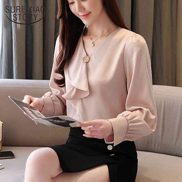 

korean fashion clothing spring chiffon blouses solid ol ruffles v-neck blusas femininas women shirts 8188 50 210417, White