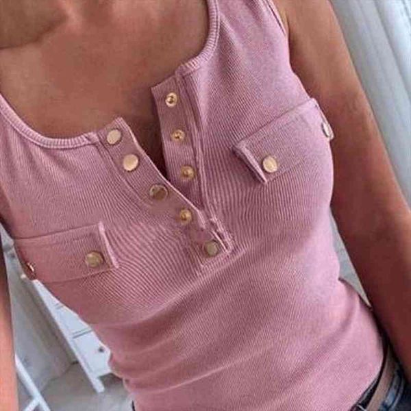 

women solid color v neck sleeveless buttons ribbed slim blouse vest, White