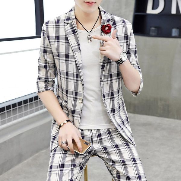 

spring 2021 suit set men's two piece young korean fit man groom wedding dress plaid british style suits & blazers, White;black