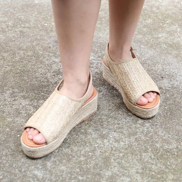 

female sandals wedge with light bottom woven breathable fish mouth women's shoes, Black