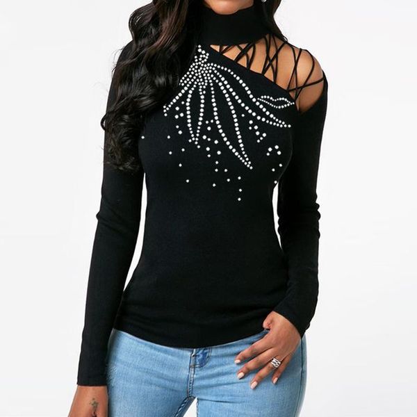 

women's t-shirt 2021 sequin hollow out women long sleeve t shirt off shoulder cross clothes cut diamonds solid color fashion t-shirts, White