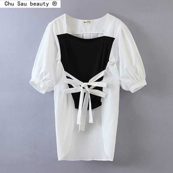 

fashion elegant vintage summer slim black white color matching fake two-piece bow bottoming women blouses women's & shirts