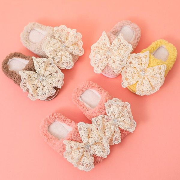 

slipper 2021 children' cotton slippers bow-knot home girls baby indoor non-slip warm sweet chic, Black;grey