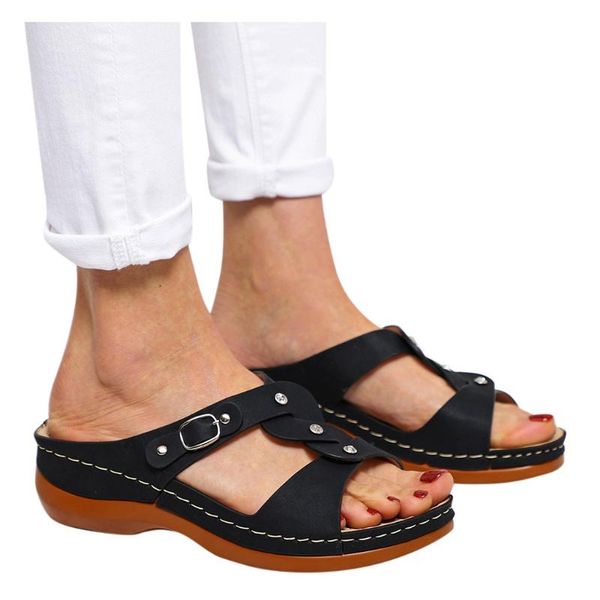 

slippers shoes woman 2021 ly arrived women summer buckle strap wedges beach open toe breathable sandals fashion buty damskie #j1, Black