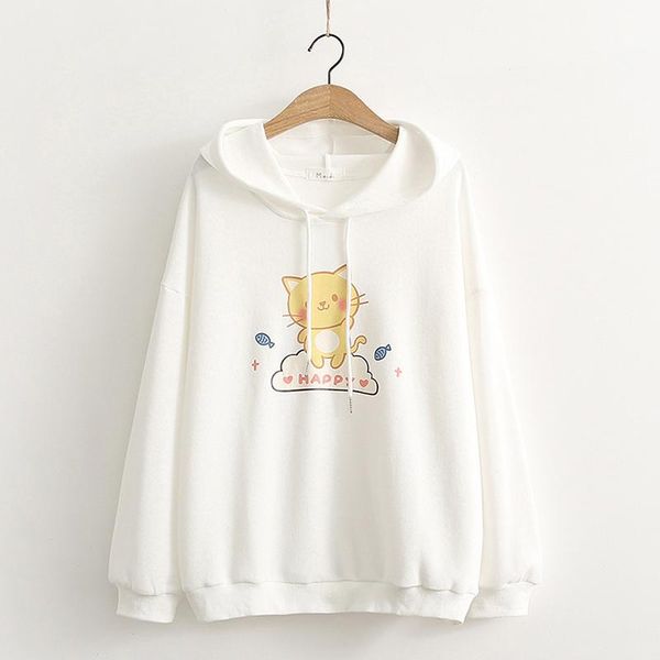 

women's hoodies & sweatshirts mori girl kawaii cat graphic cartoon printed hooded sweatshirt women white blue hoodie preppy cute long s, Black