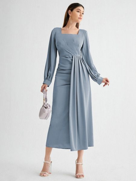 

square neck draped detail split hem dress z6ci#, Black;gray