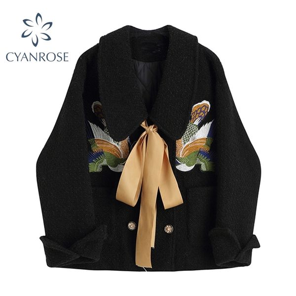 

black woolen jacket bird embroidery big collar lace up bow chic double breasted coat lady harajuku elegant tweed outwer 210430, Black;brown