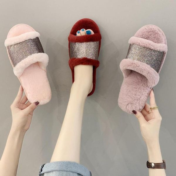 

women slippers winter shoes flat sweet home woman indoor fur warm soft slip on black pink grey female slipper