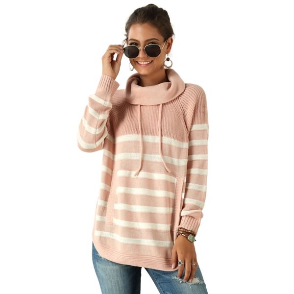 

women's sweaters women long sleeve turtleneck high collar sweater drawstring striped knitted vdl4, White;black