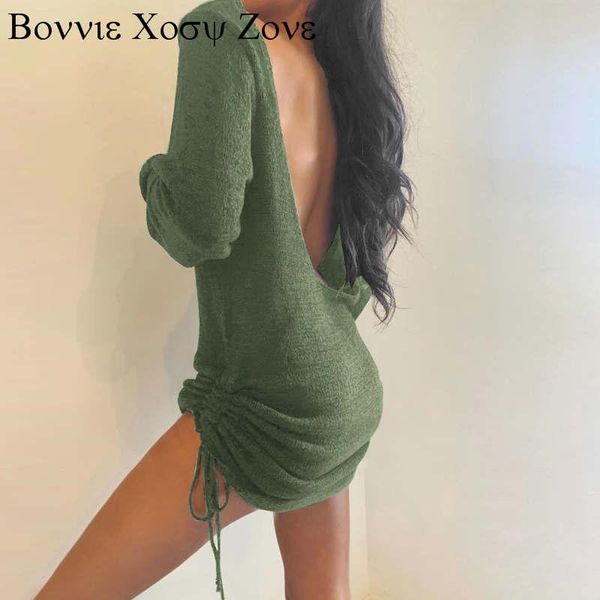 

casual dresses women open back drawstring ruffled knitted mini dress long sleeve drop-shoulder sweater, Black;gray