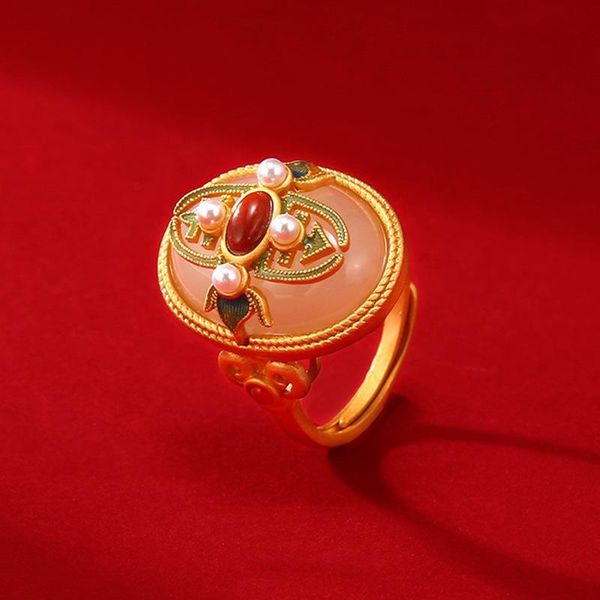 

cluster rings unique matte gold ring with hetian stone vintage enamel classical jewelry for women wedding high grade party anniversary gifts, Golden;silver