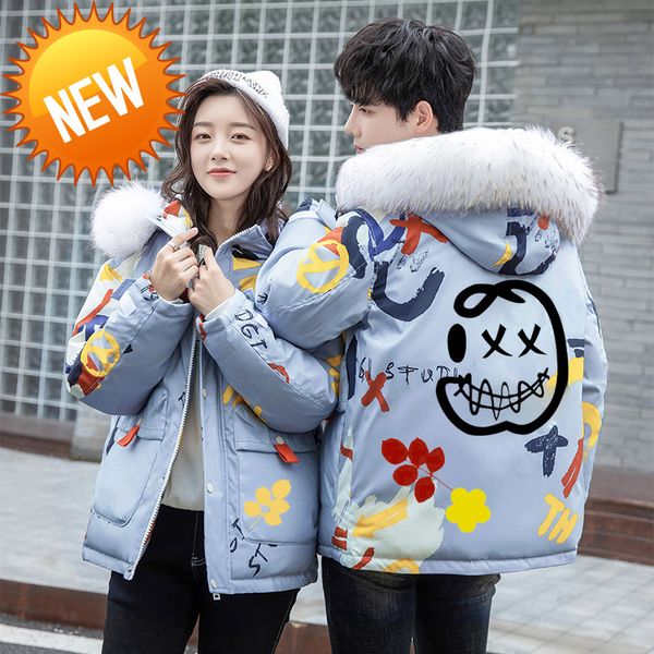 

2021 new little devil graffiti men's couple down jacket thickened korean version of the big fur collar men and women same ja, Black