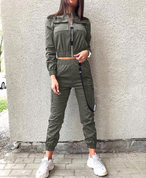 

women's pants & capris 2021 women autumn spring set sportswear solid running casual zipper ruched long sleeve coat +pants sets ladies f, Black;white