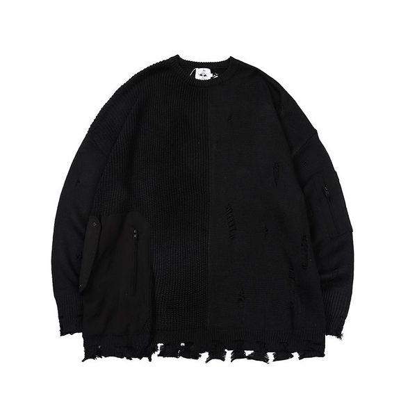 

men's sweaters japanese retro hole pacthwork pockets pullover mens autumn crew neck oversize knit streetwear loose casual couple, White;black