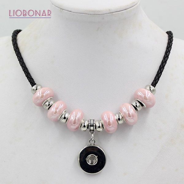 

pendant necklaces 10pcs wholesale interchangeable snap jewelry 10 colors pink ceramic bead leather necklace collier 18mm, Silver