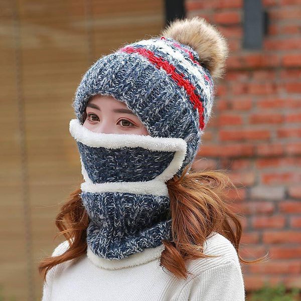 

beanie/skull caps 2021 hat winter women's mask for girls scarf thick warm fleece inside knitted set 3 pcs riding fashion hats, Blue;gray