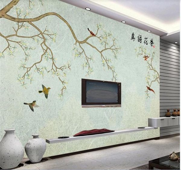 

large custom mural wallpaper hand-painted simple fashion flowers and birds background wall wallpapers