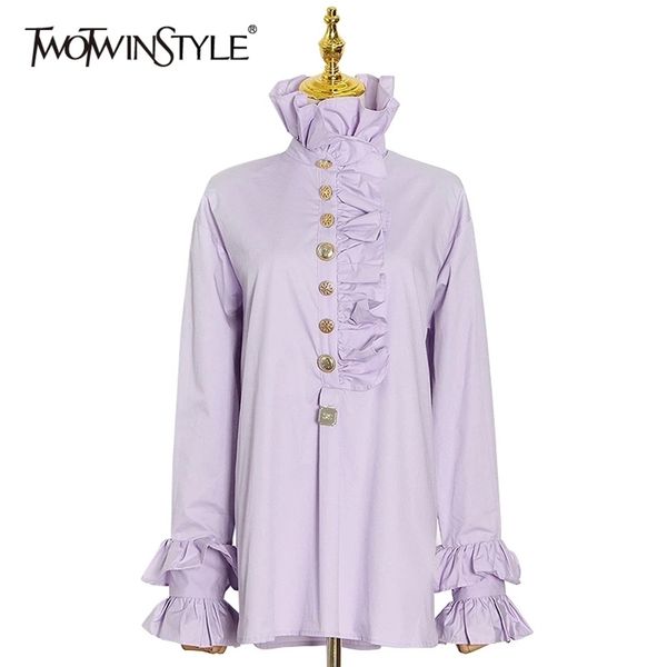 

elegant patchwork ruffle shirt for women turtleneck flare long sleeve casual solid blouse female fashion style 210524, White