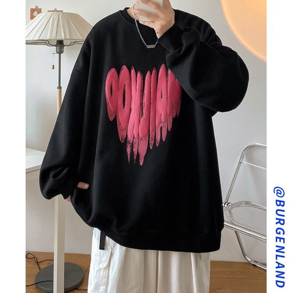 

2021 spring and autumn new thin bodysuit men's fashion brand ins round neck love printing loose couple fog coat, Black