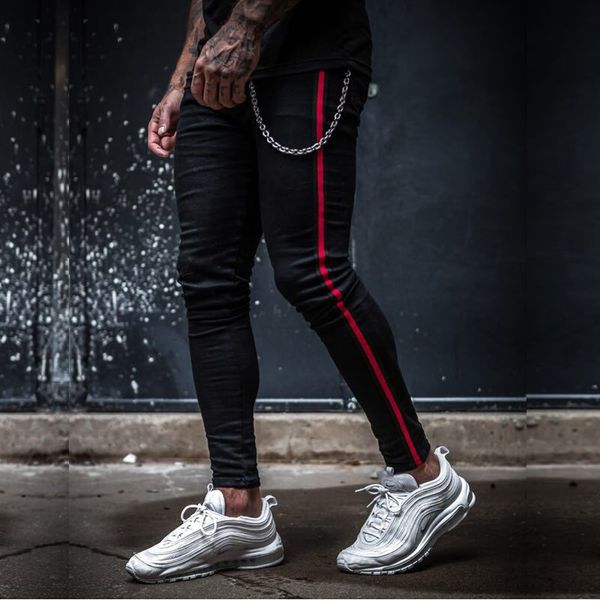 

men's jeans mens side stripe ny fit black denim hip hop streetwear solid color plus size slim lightweight cotton for men lf819 kvm, Blue