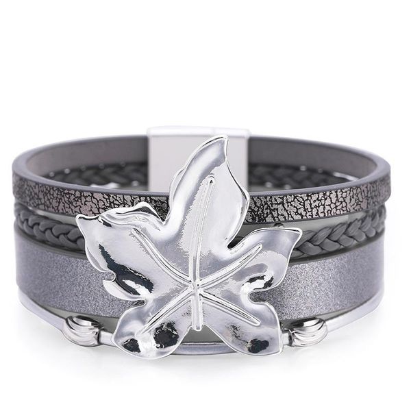 

charm bracelets bohemian multi-layer wide leather tree leaf retro magnetic buckle women bracelet handmade wholesale female jewelry, Golden;silver