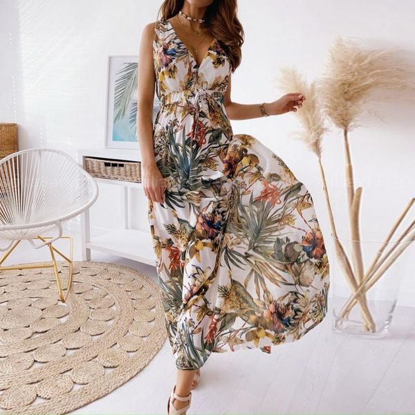 

vintage print lace-up backless long dress elegant halter v neck sleeveless party women slim elastic waist maxi casual dresses, Black;gray