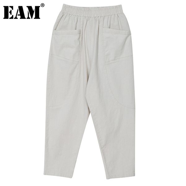 

[eam] high elastic waist black pleated pocket long trousers loose fit pants women fashion spring autumn 1dd6647 210512, Black;white
